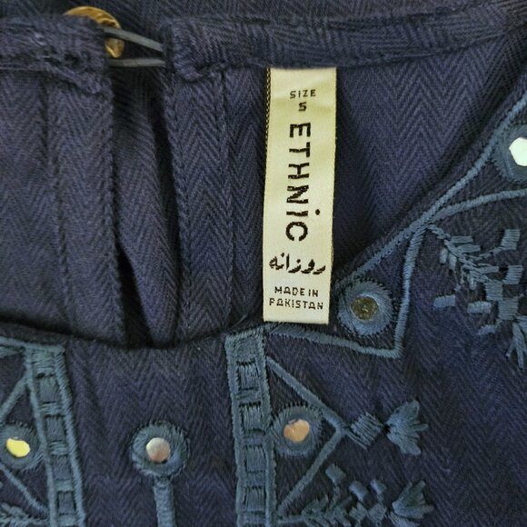 ETHNIC Blue Embroidered 3/4 Sleeve Tunic Short Dress Size Small - Picture 6 of 8